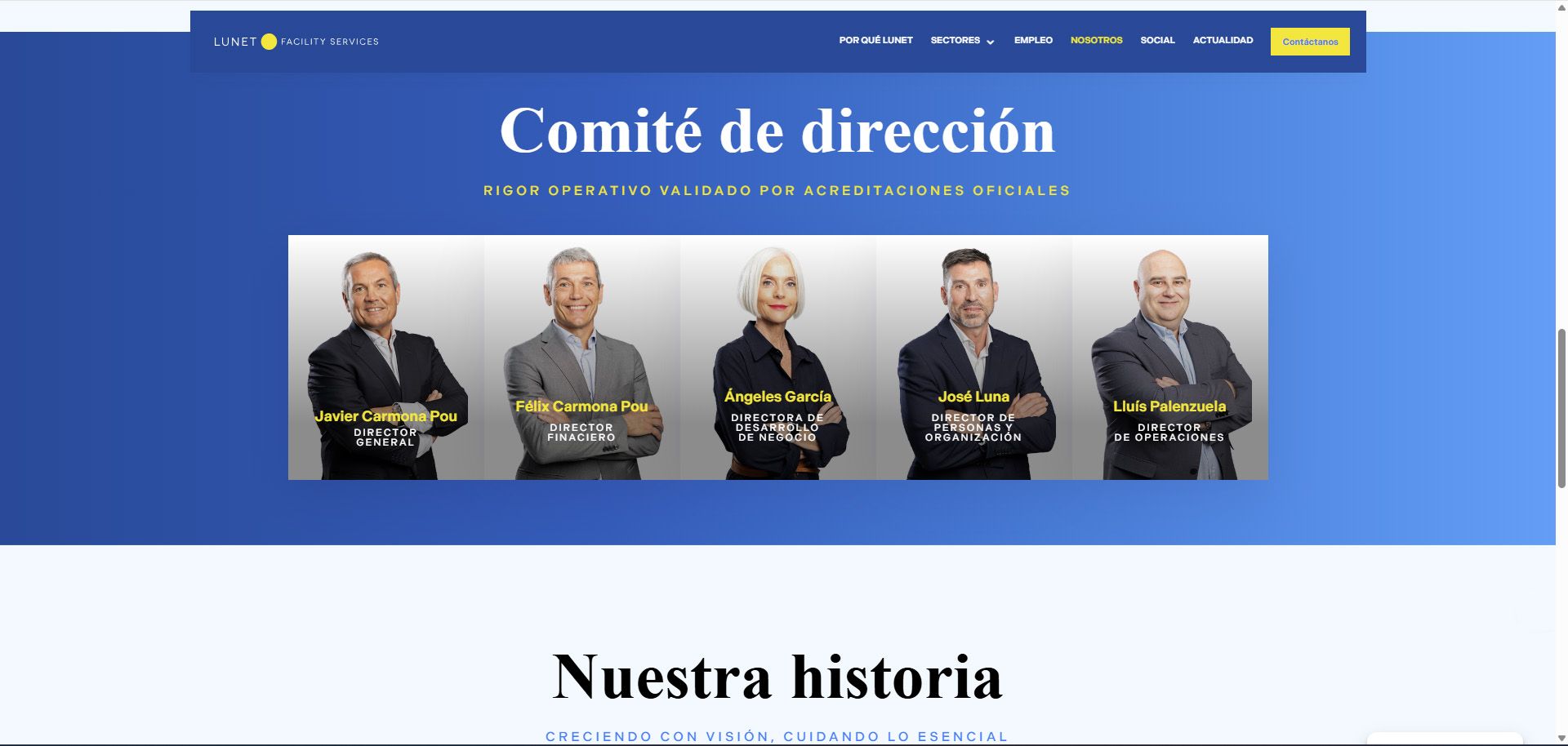 Retratos del comité de dirección integrados en la web corporativa de una empresa de servicios B2B.