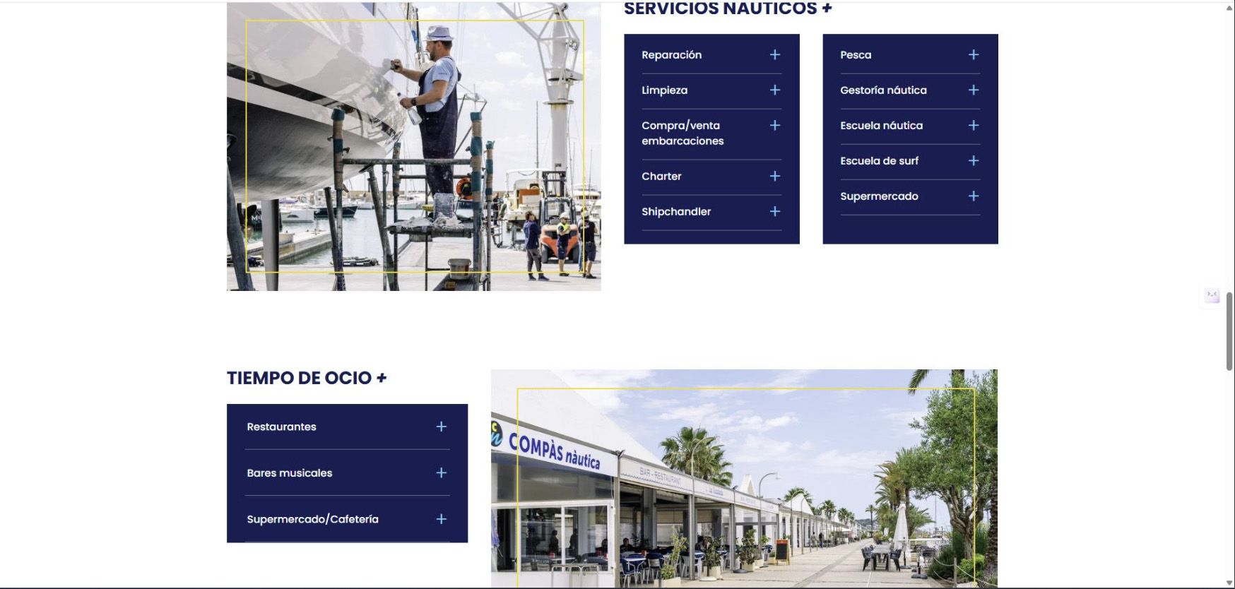 Captura de una web corporativa donde se muestran fotografías de servicios e instalaciones náuticas de Port Ginesta.